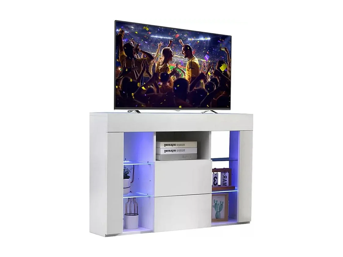 Meuble TV d'angle Moderne à LED Lumière, Banc TV Moderne Blanc Haut Brillant, 9 Compartiments, Meuble Salon 100x40x68CM