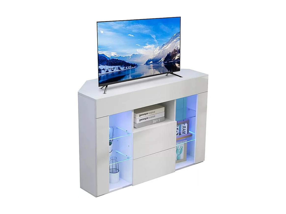 Meuble TV d'angle Moderne à LED Lumière, Banc TV Moderne Blanc Haut Brillant, 9 Compartiments, Meuble Salon 100x40x68CM