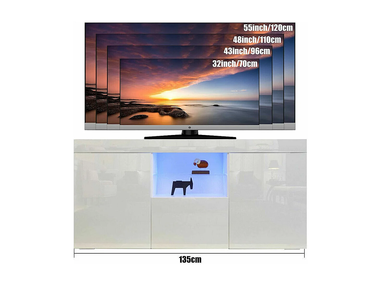 Glanzend wit tv-meubel met LED-licht, 3 deuren, glazen plank, modern tv-meubel, woonkamerdressoir, 135x35x70cm