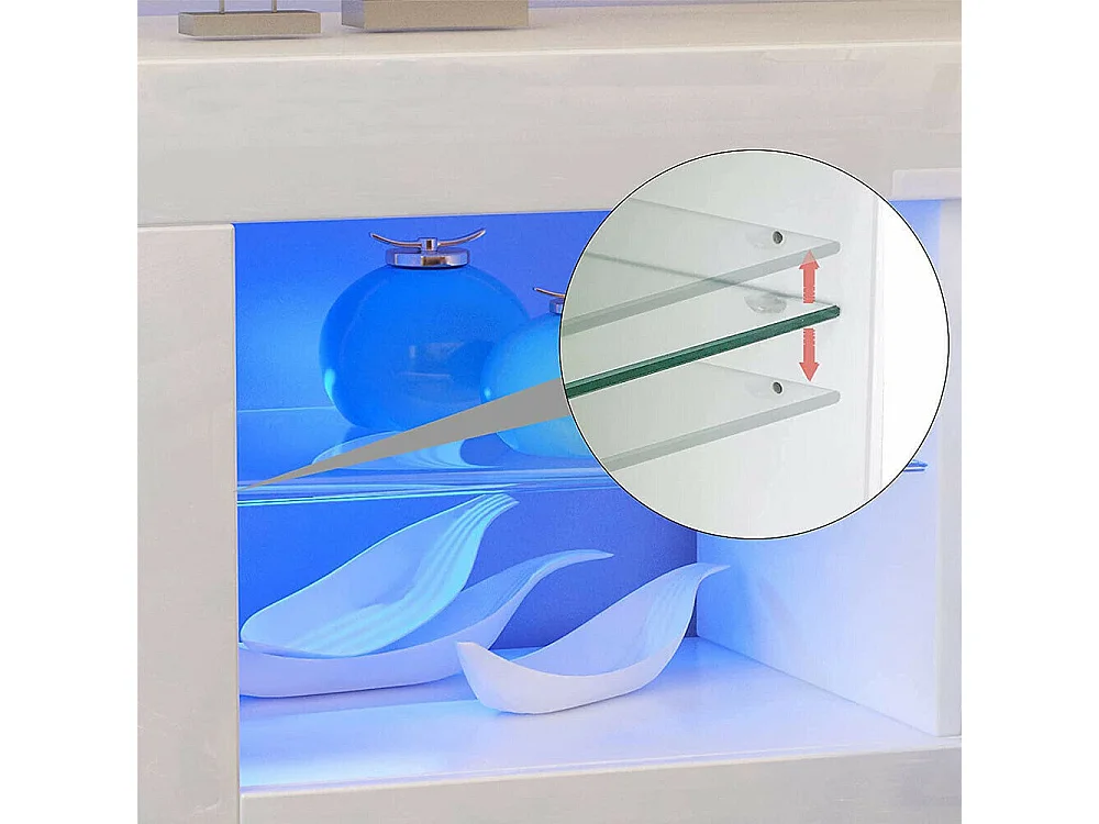 Glanzend wit tv-meubel met LED-licht, 3 deuren, glazen plank, modern tv-meubel, woonkamerdressoir, 135x35x70cm