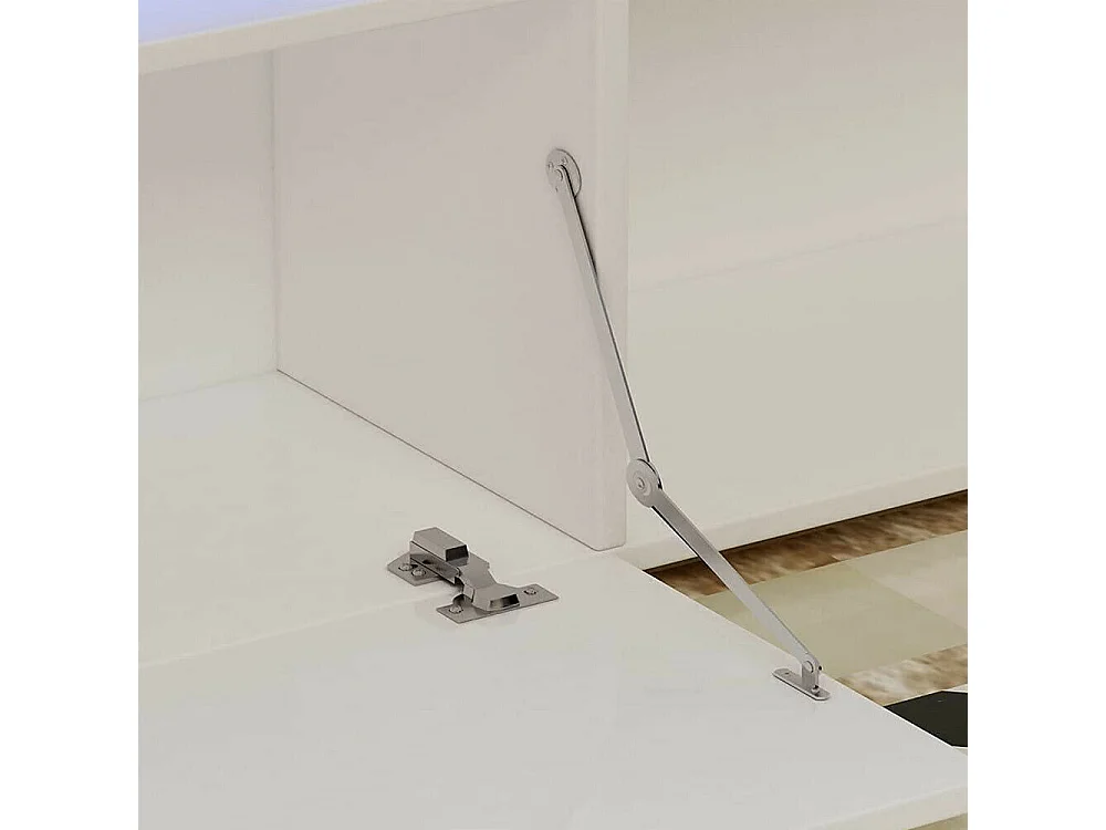 Glanzend wit tv-meubel met LED-licht, 3 deuren, glazen plank, modern tv-meubel, woonkamerdressoir, 135x35x70cm