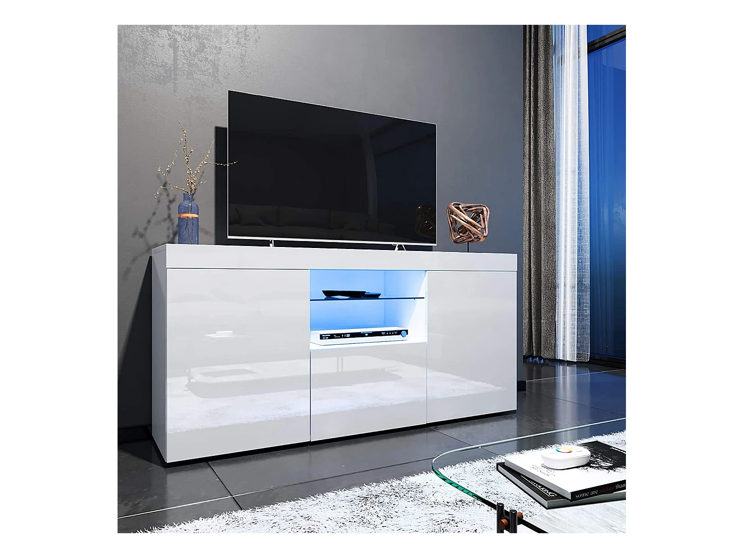 Brillanter weißer Fernsehschrank mit LED -Licht, 3 Türen, Glasregal, moderne TV -Bank, Wohnzimmerbuffet, 135x35x70cm