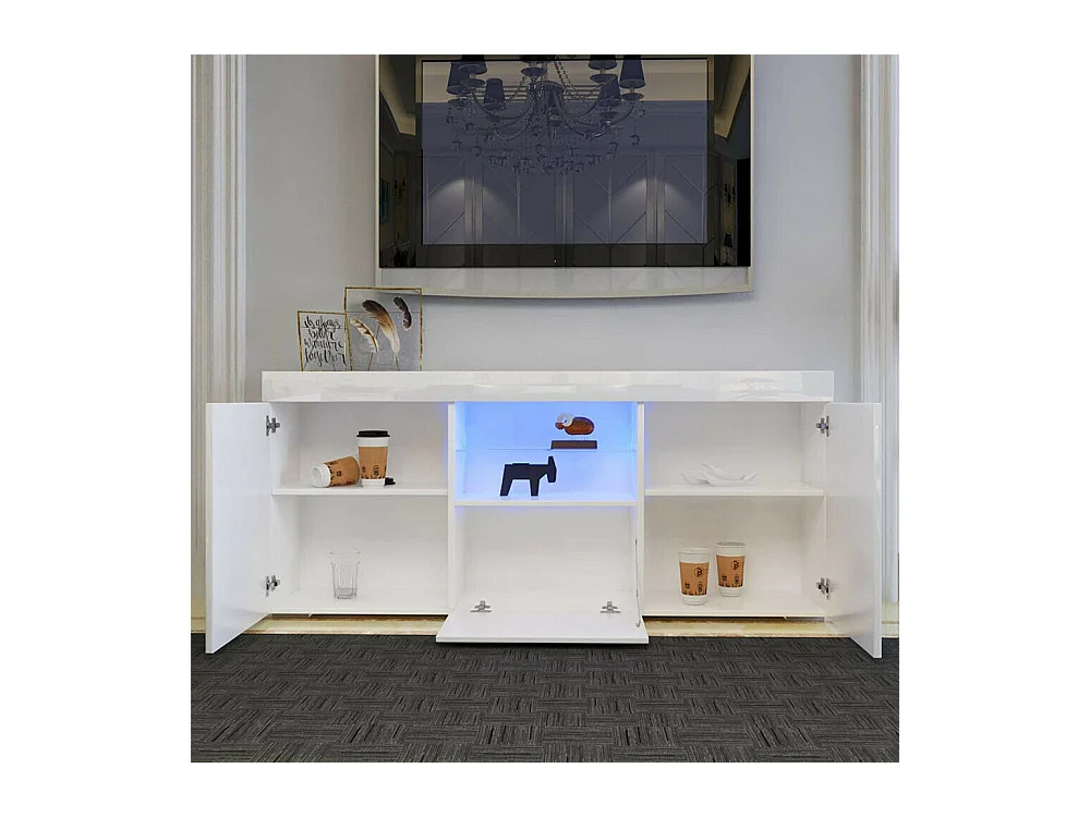 Meuble TV Blanc Brillant avec LED Lumière, 3 Portes, Etagère en Verre, Banc TV Moderne, Buffet Salon, 135x35x70cm