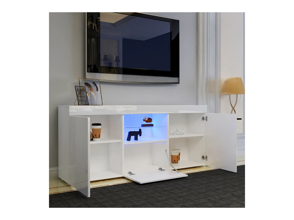 Meuble TV Blanc Brillant avec LED Lumière, 3 Portes, Etagère en Verre, Banc TV Moderne, Buffet Salon, 135x35x70cm