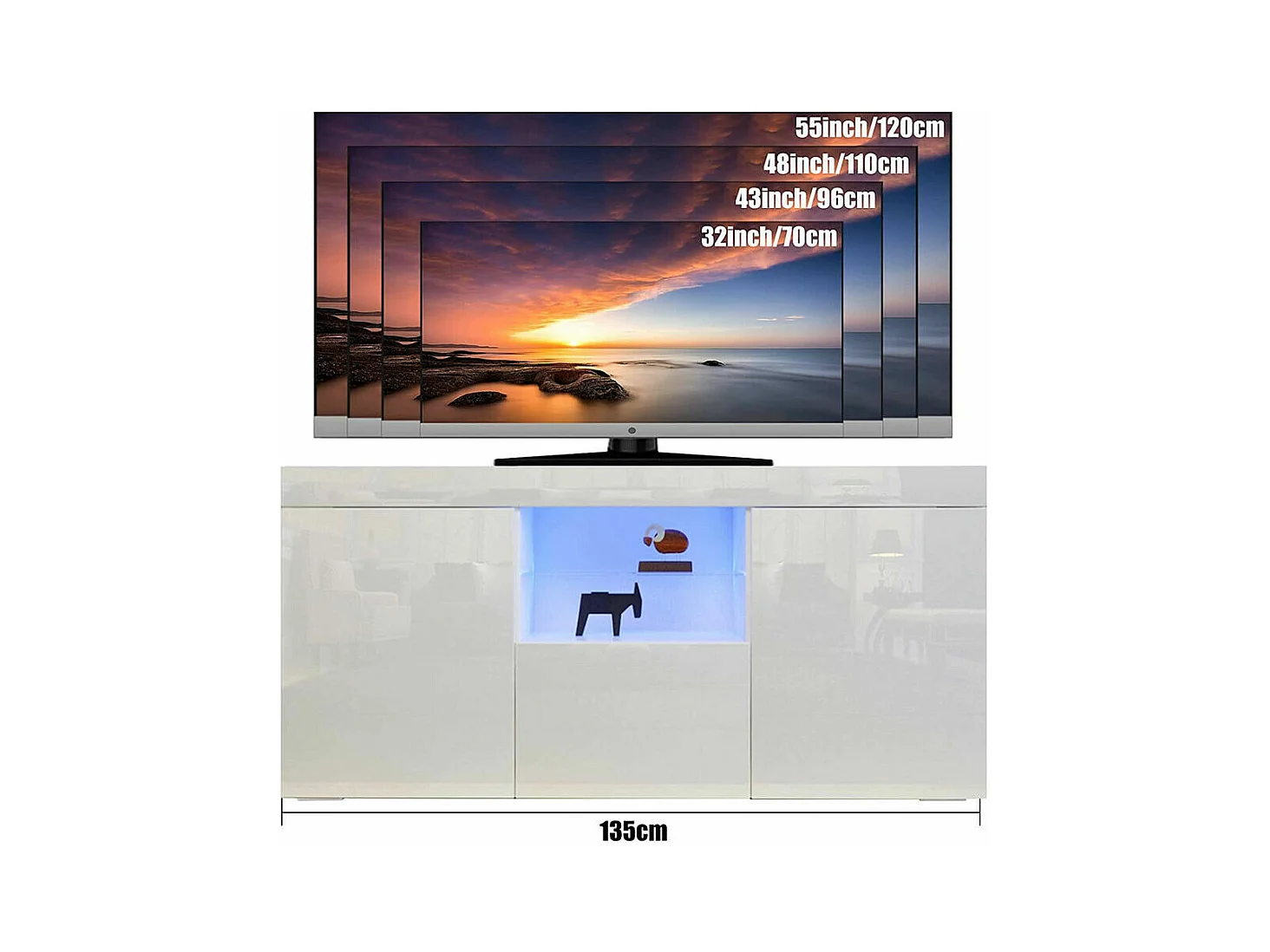 Meuble TV Blanc Brillant avec LED Lumière, 3 Portes, Etagère en Verre, Banc TV Moderne, Buffet Salon, 135x35x70cm