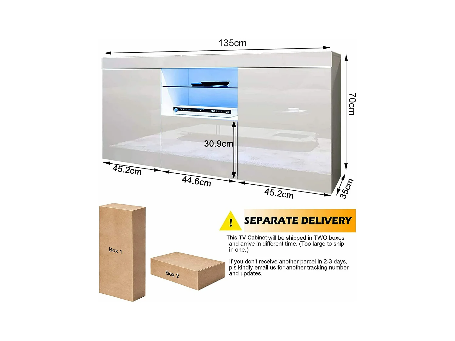 Meuble TV Blanc Brillant avec LED Lumière, 3 Portes, Etagère en Verre, Banc TV Moderne, Buffet Salon, 135x35x70cm