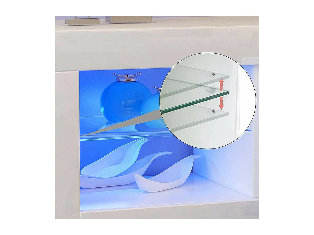 Meuble TV Blanc Brillant avec LED Lumière, 3 Portes, Etagère en Verre, Banc TV Moderne, Buffet Salon, 135x35x70cm