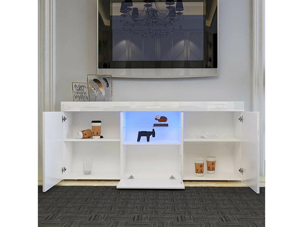 Meuble TV Blanc Brillant avec LED Lumière, 3 Portes, Etagère en Verre, Banc TV Moderne, Buffet Salon, 135x35x70cm