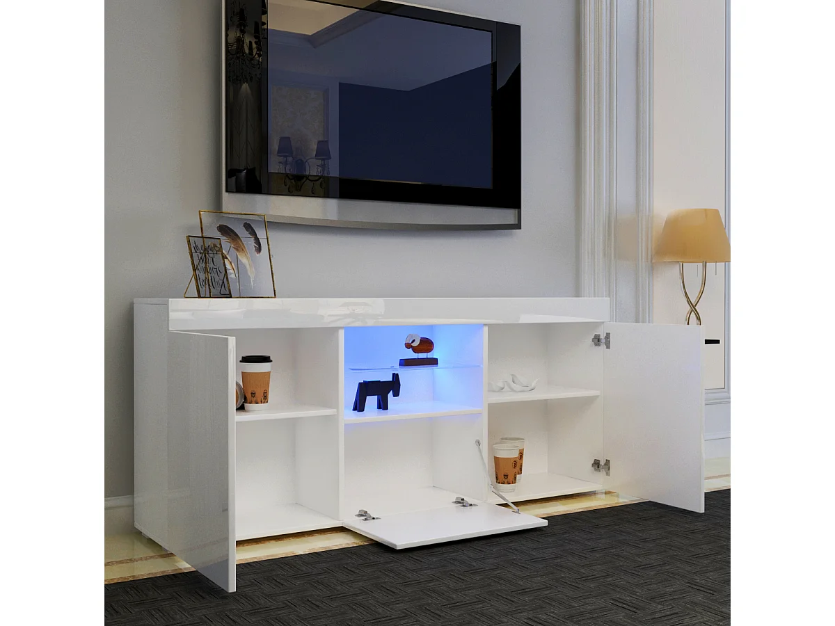 Meuble TV Blanc Brillant avec LED Lumière, 3 Portes, Etagère en Verre, Banc TV Moderne, Buffet Salon, 135x35x70cm
