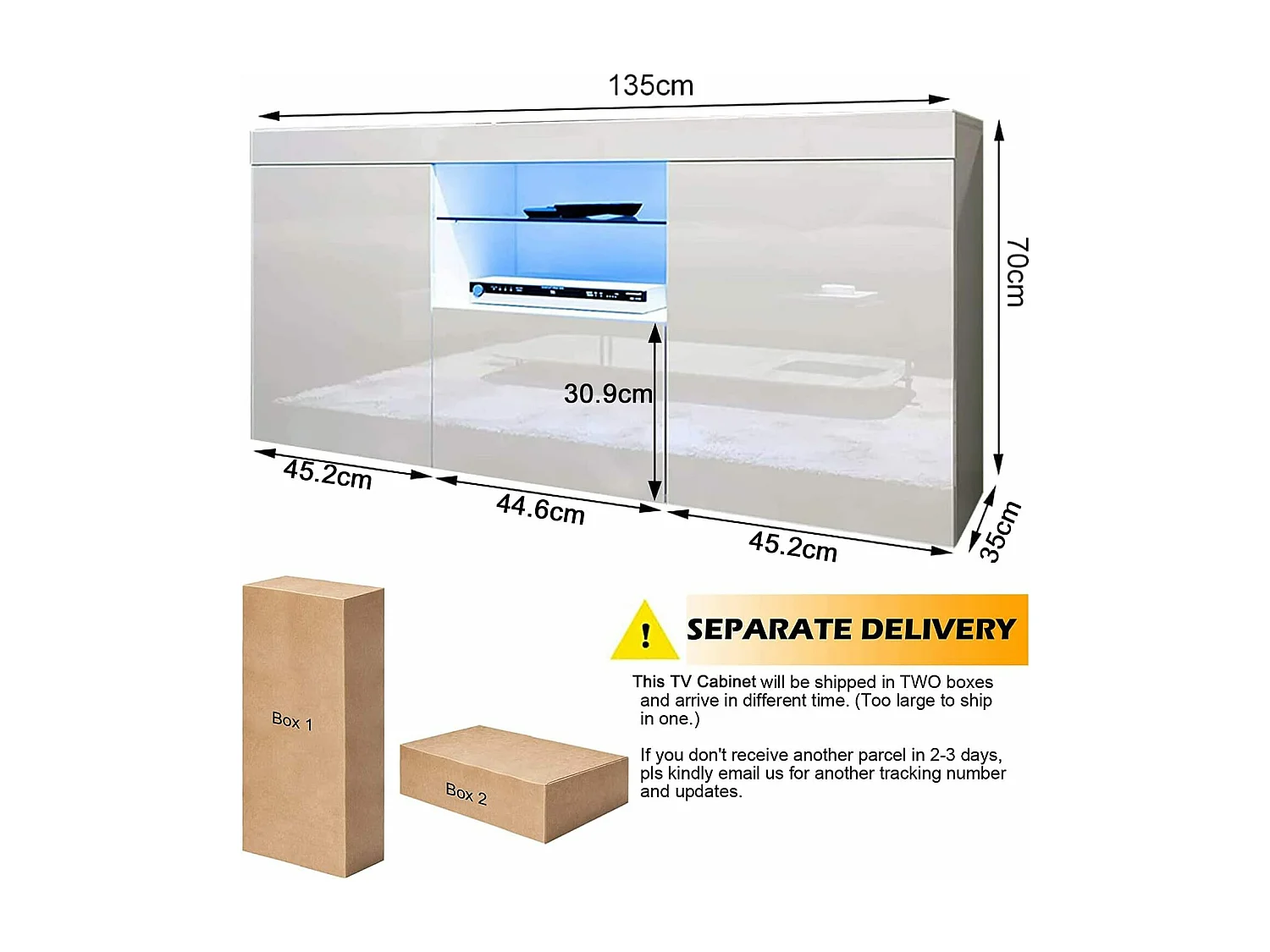 Meuble TV Blanc Brillant avec LED Lumière, 3 Portes, Etagère en Verre, Banc TV Moderne, Buffet Salon, 135x35x70cm