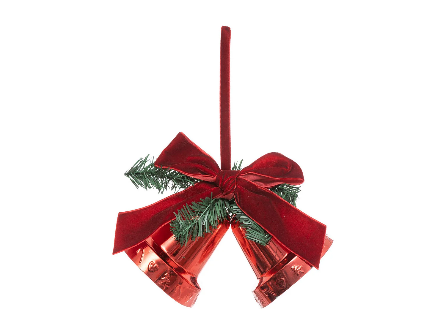 Suspension de Noël 2 Cloches Rouge brillant avec déco et noeud velours H 20 cm