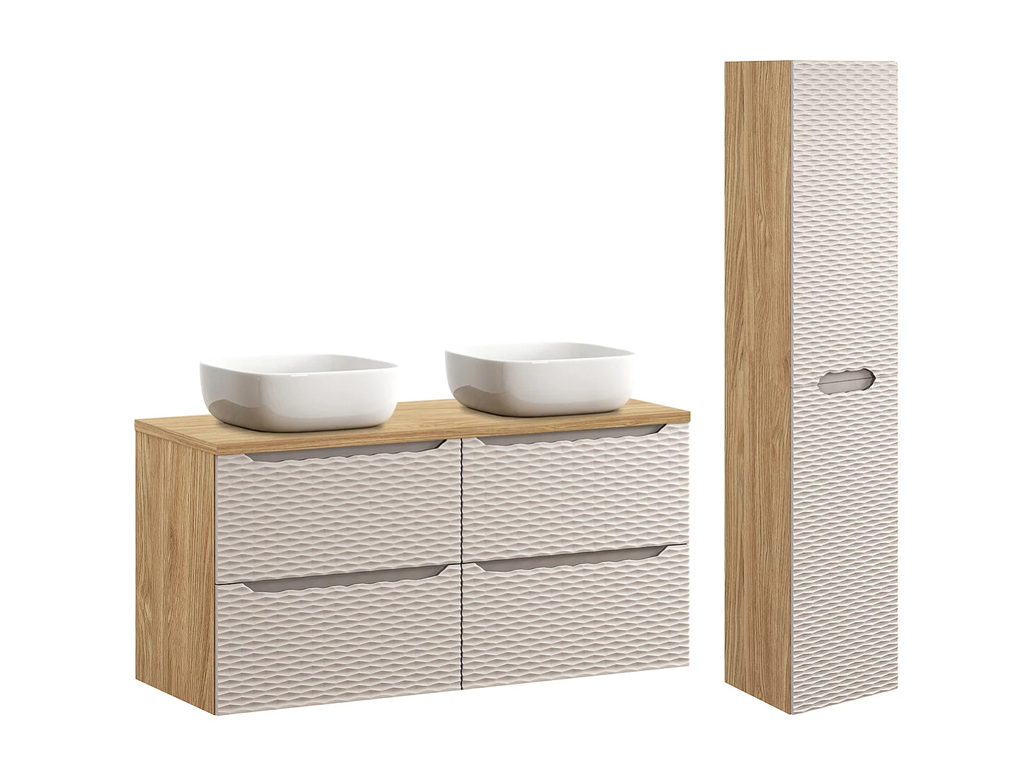 Ensemble meuble double vasque 120cm 4 tiroirs et colonne Elora Beige et bois