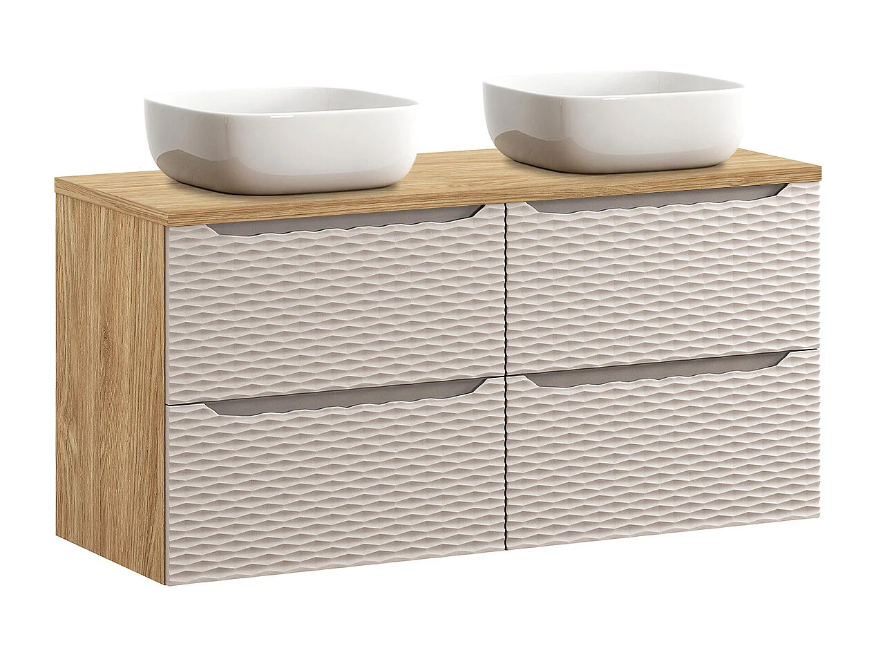 Ensemble meuble double vasque 120cm 4 tiroirs et colonne Elora Beige et bois