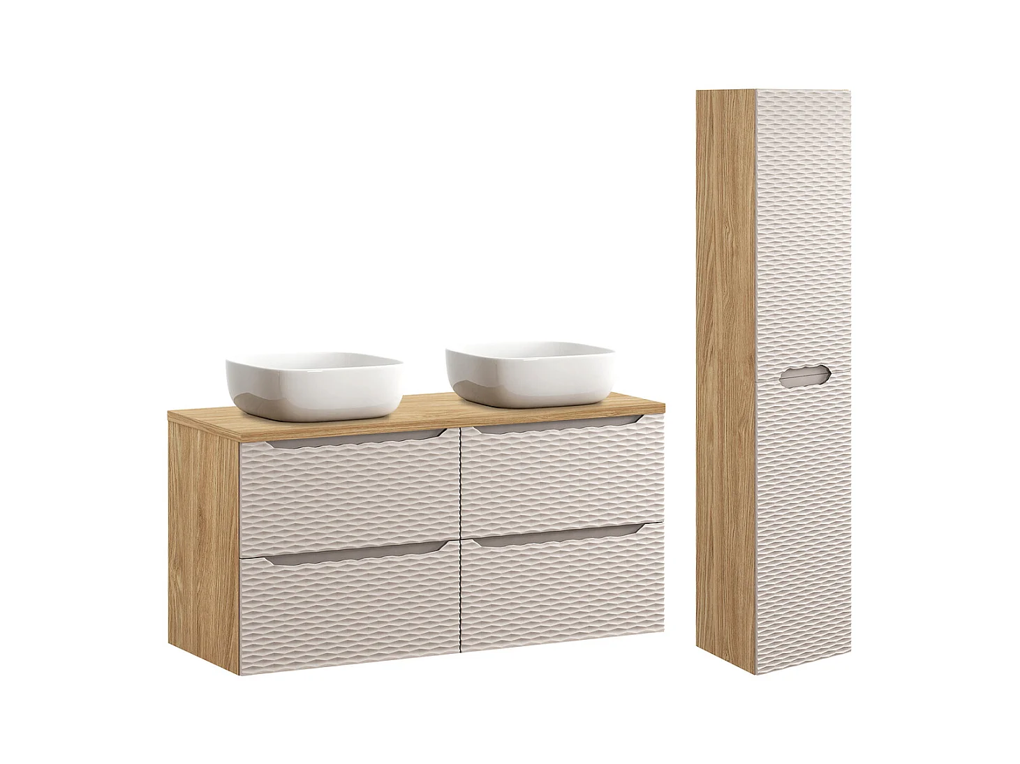 Ensemble meuble double vasque 120cm 4 tiroirs et colonne Elora Beige et bois