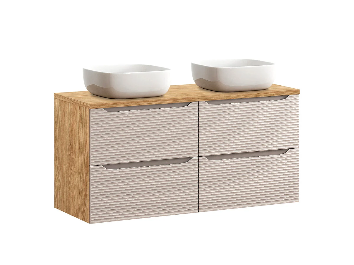 Ensemble meuble double vasque 120cm 4 tiroirs et colonne Elora Beige et bois