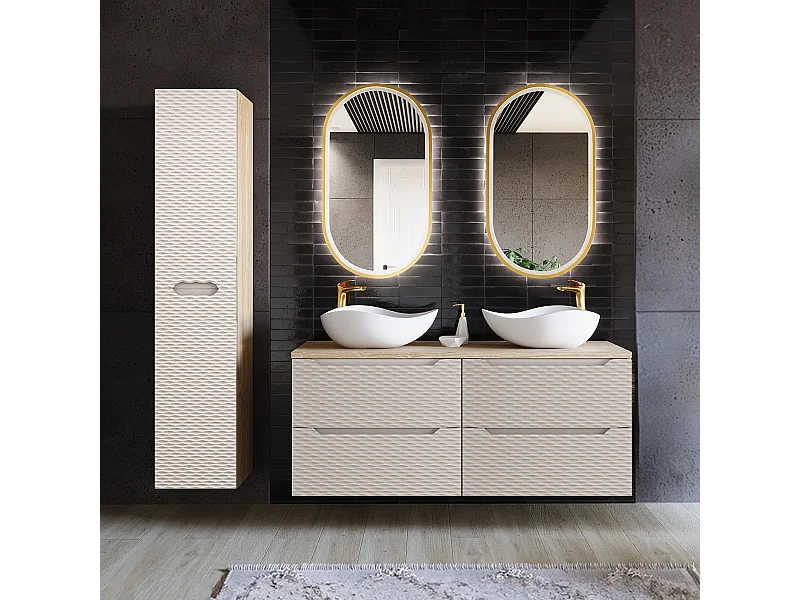 Ensemble meuble double vasque 120cm 4 tiroirs et colonne Elora Beige et bois Cloud