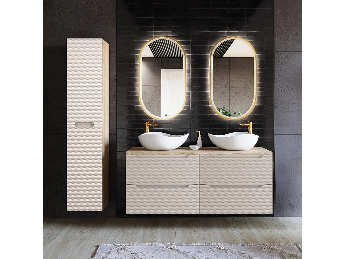 Ensemble meuble double vasque 120cm 4 tiroirs et colonne Elora Beige et bois Cloud