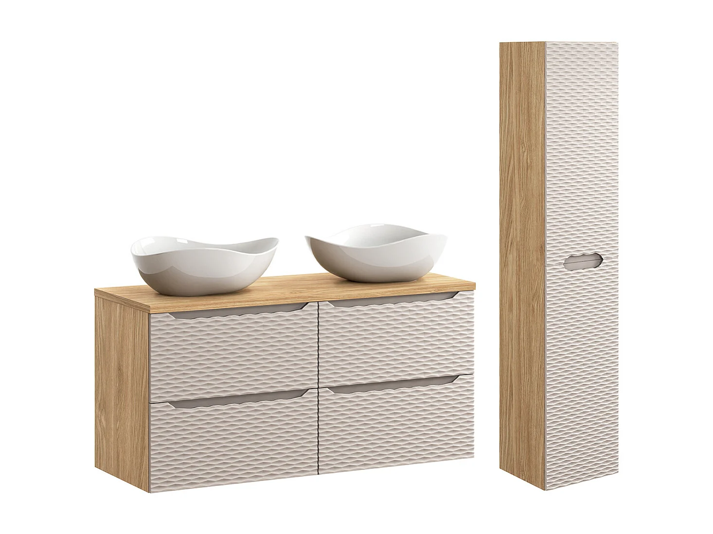 Ensemble meuble double vasque 120cm 4 tiroirs et colonne Elora Beige et bois Cloud