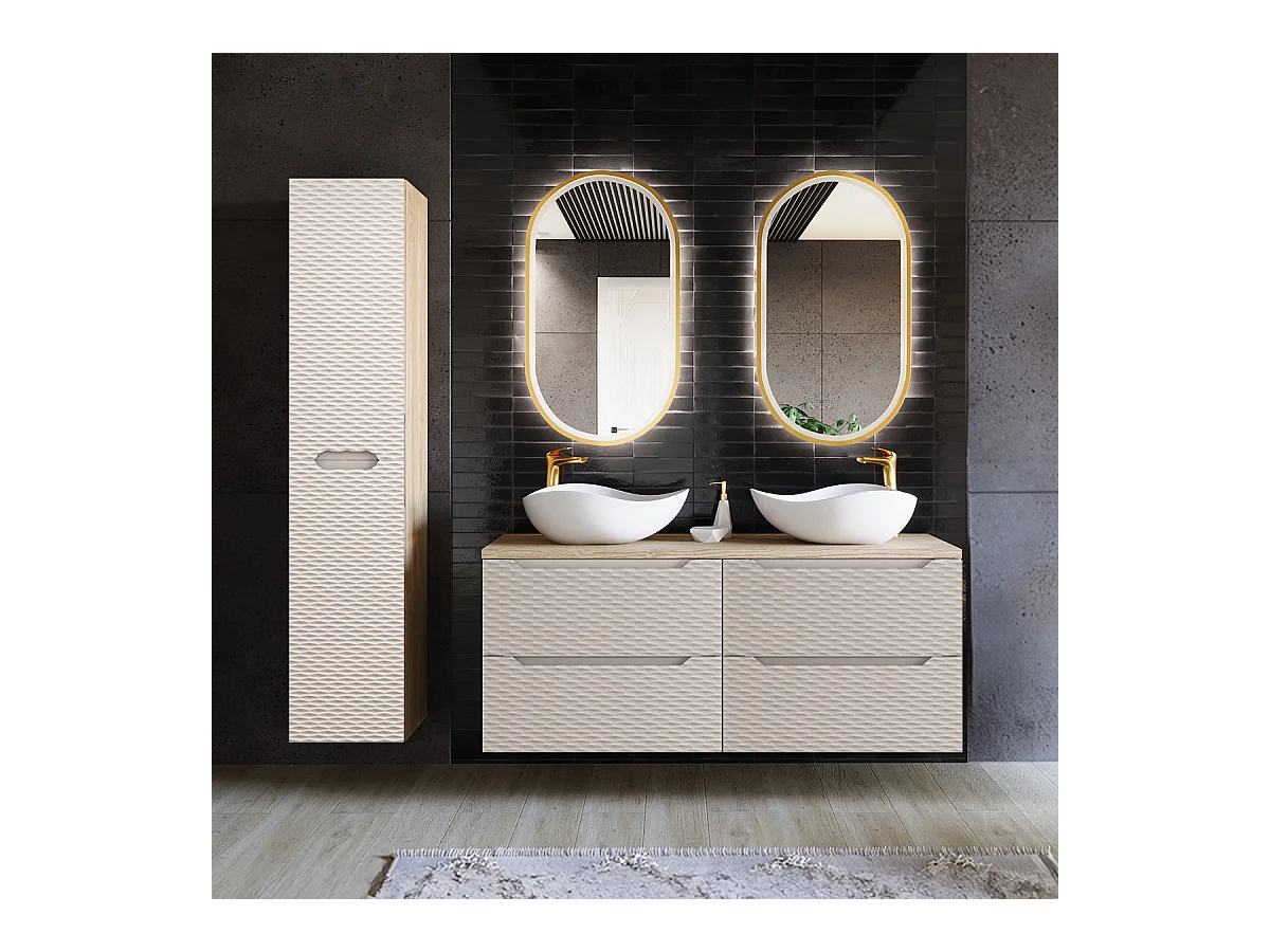 Ensemble meuble double vasque 120cm 4 tiroirs et colonne Elora Beige et bois Cloud