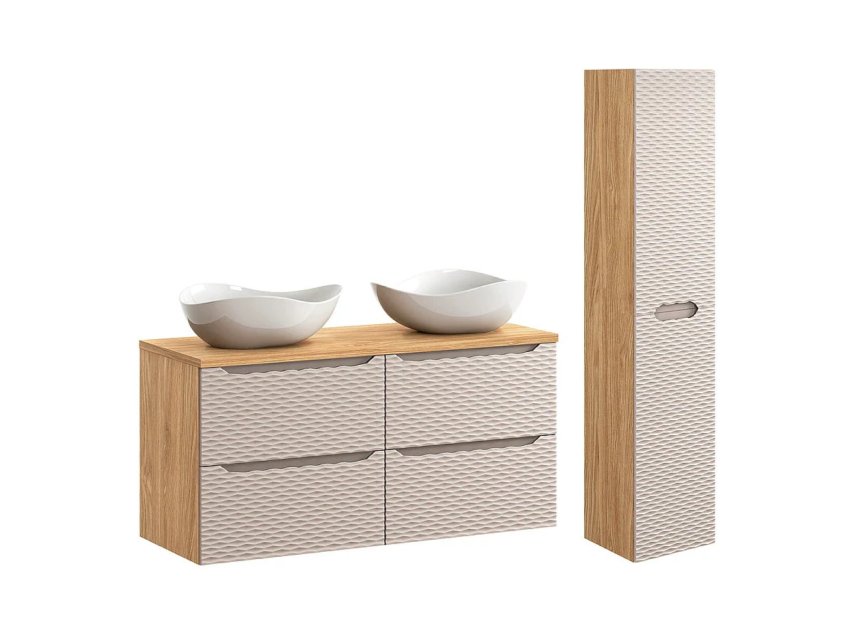 Ensemble meuble double vasque 120cm 4 tiroirs et colonne Elora Beige et bois Cloud