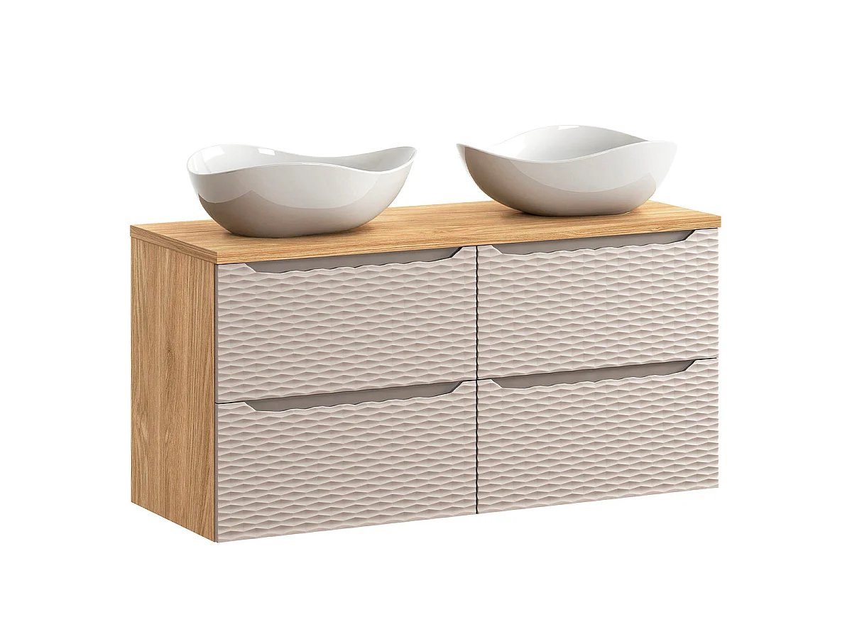 Ensemble meuble double vasque 120cm 4 tiroirs et colonne Elora Beige et bois Cloud