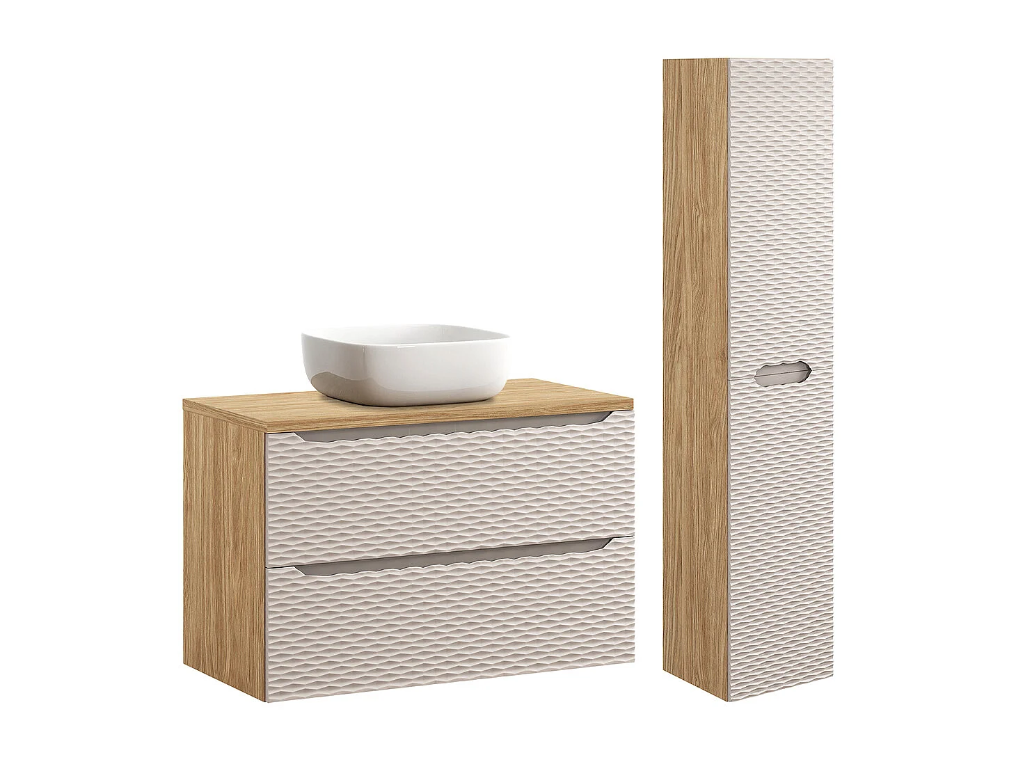 Conjunto de muebles con lavabo individual 90cm y columna Elora Beige y madera