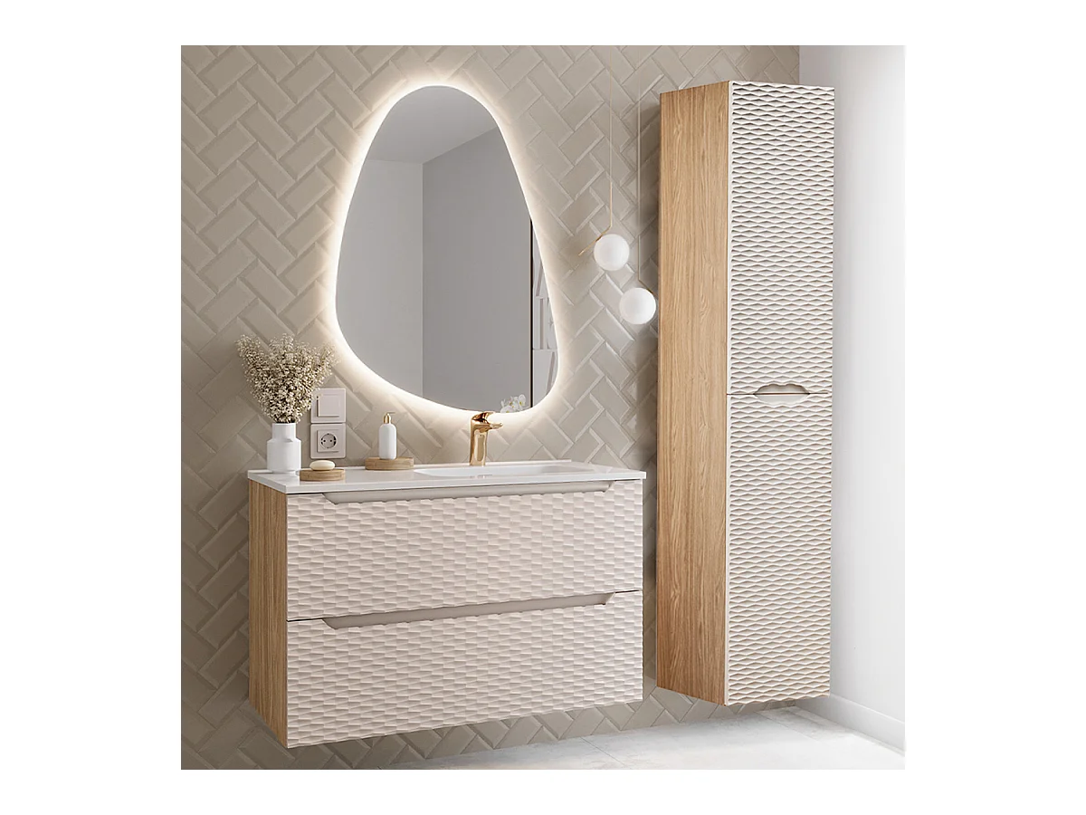 Ensemble meuble simple vasque encastrée droite 90cm et colonne Elora Beige et bois