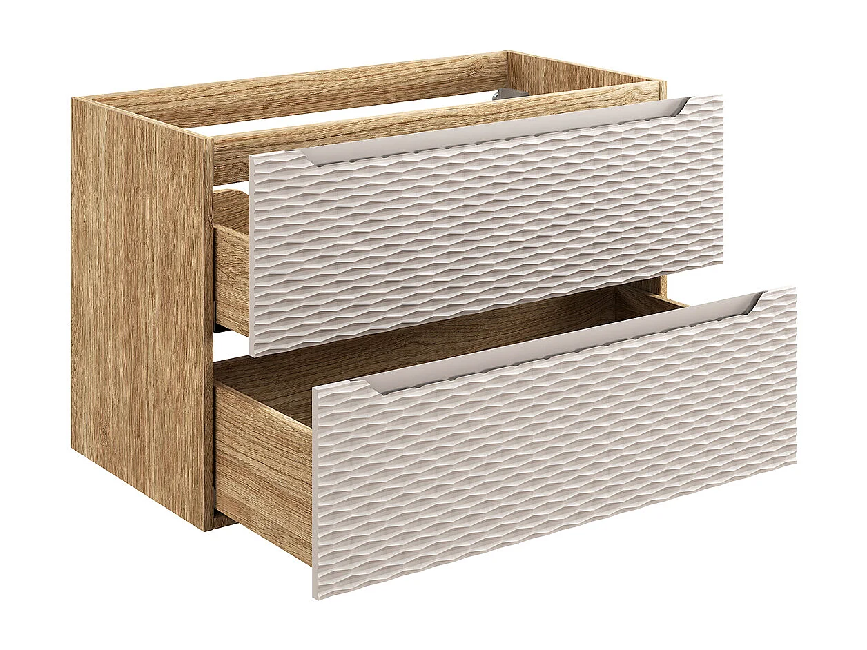 Conjunto de muebles con lavabo individual encastrado lado derecho 90cm y columna Elora Beige y madera