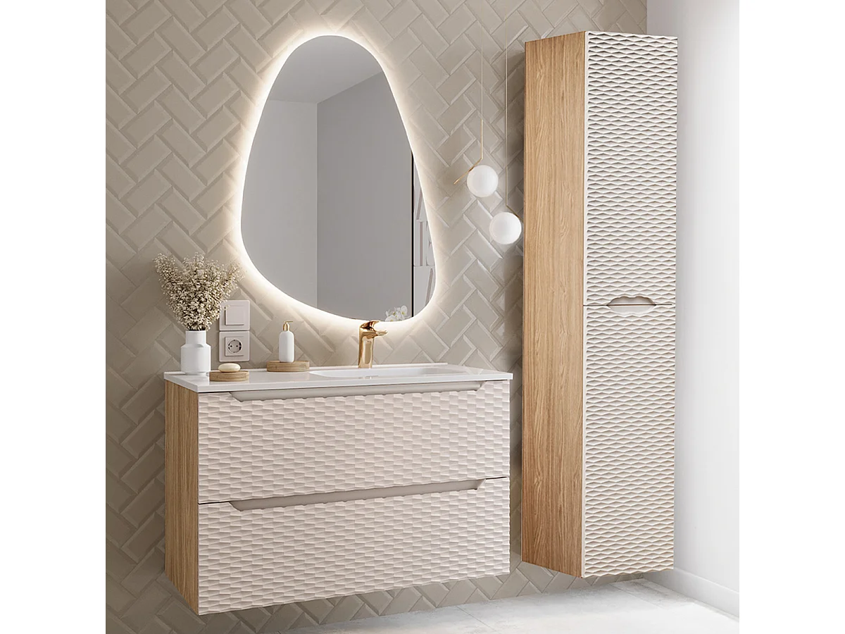 Set van 90cm rechte enkele wastafel met Elora sokkel in beige en hout
