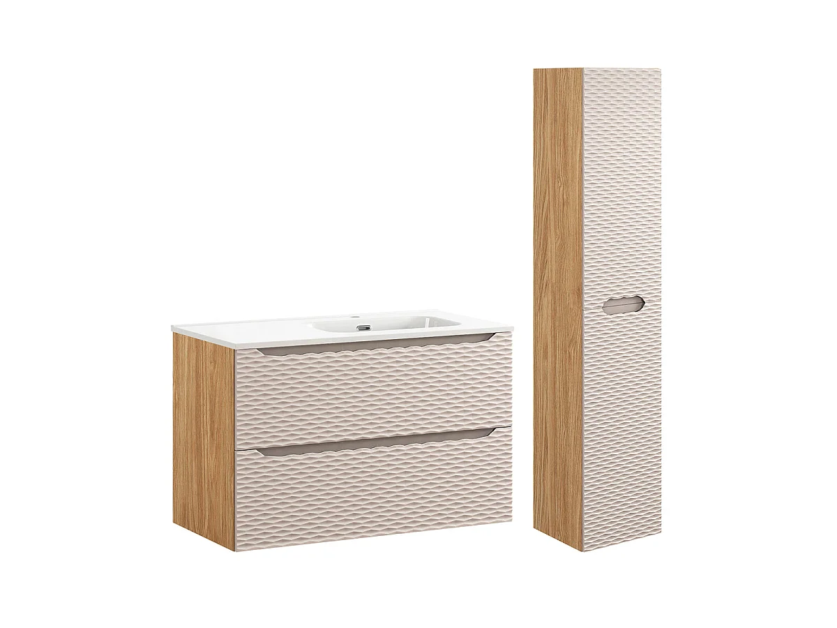 Ensemble meuble simple vasque encastrée droite 90cm et colonne Elora Beige et bois