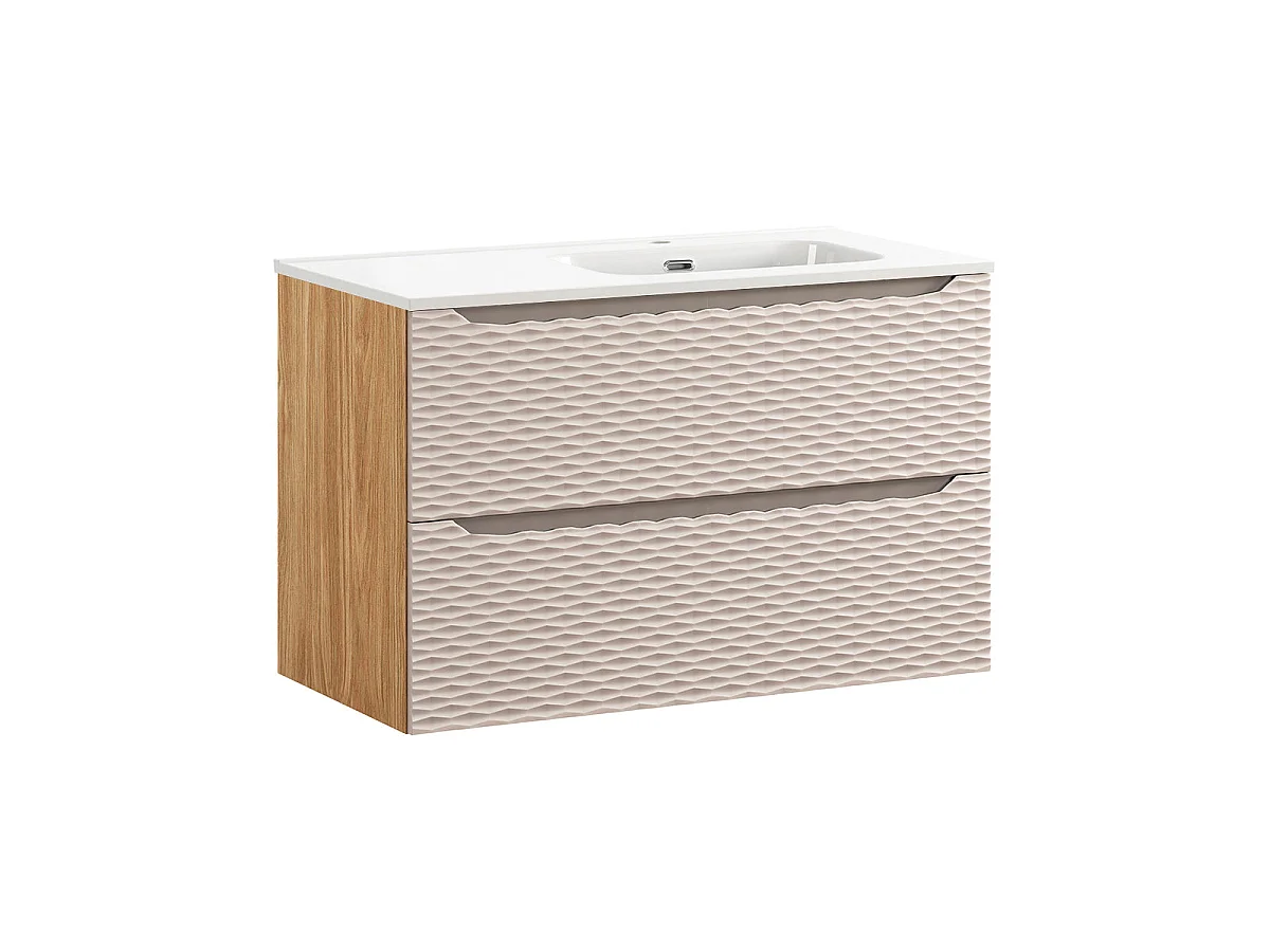 Ensemble meuble simple vasque encastrée droite 90cm et colonne Elora Beige et bois