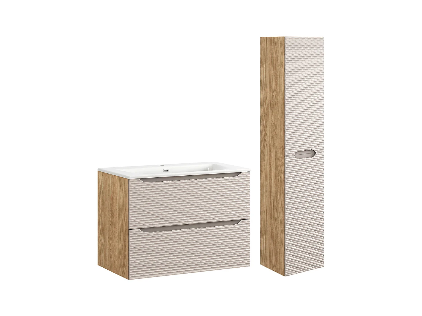 Ensemble meuble simple vasque encastrée 80cm et colonne Elora Beige et bois