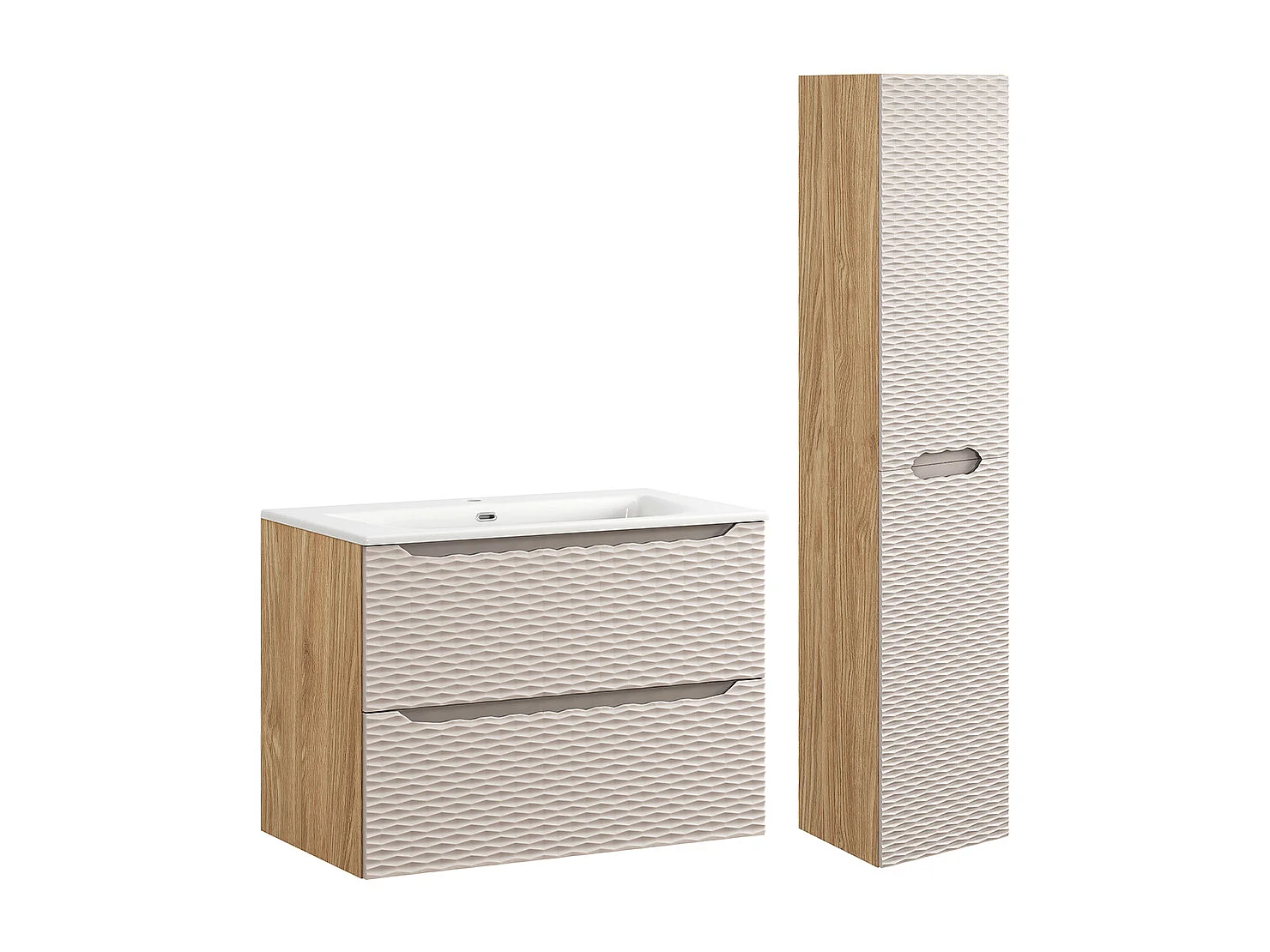 Conjunto de muebles con lavabo individual encastrado 80cm y columna Elora Beige y madera