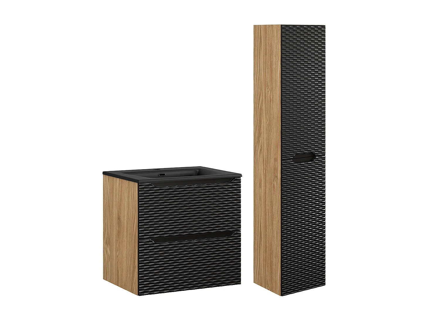 Ensemble meuble simple vasque encastrée 60cm et colonne Elora Noir et bois