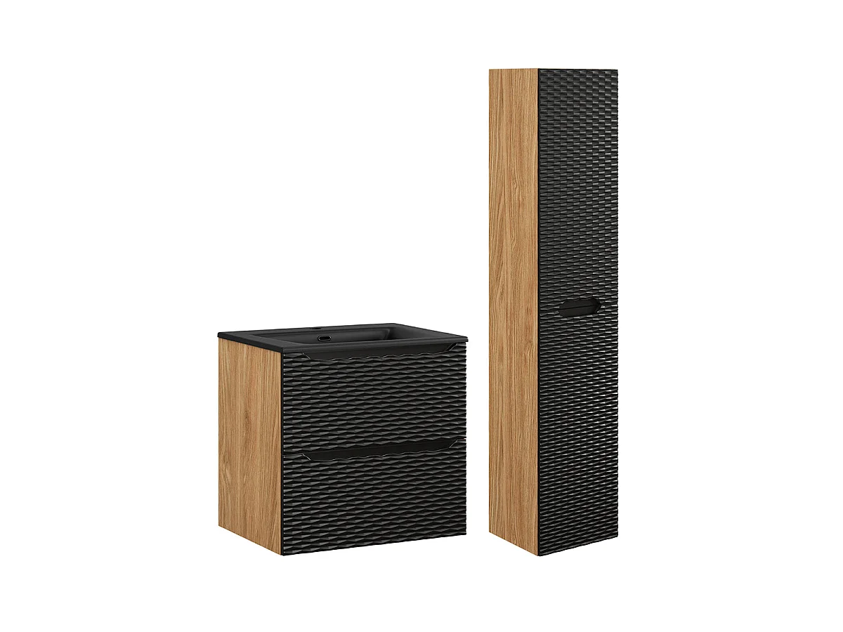 Ensemble meuble simple vasque encastrée 60cm et colonne Elora Noir et bois