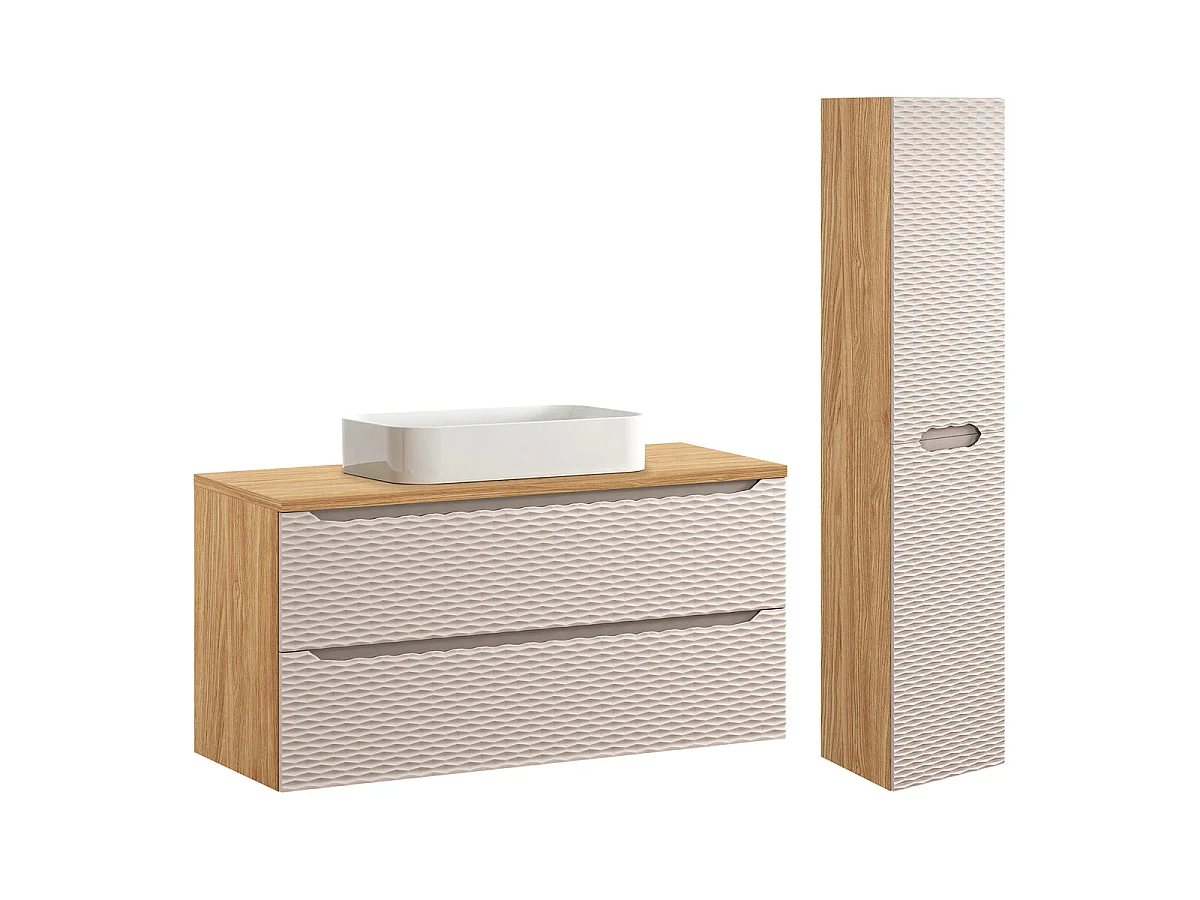 Set aus Einzelwaschtisch 120cm 2 Schubladen und Säule Elora Beige und Holz