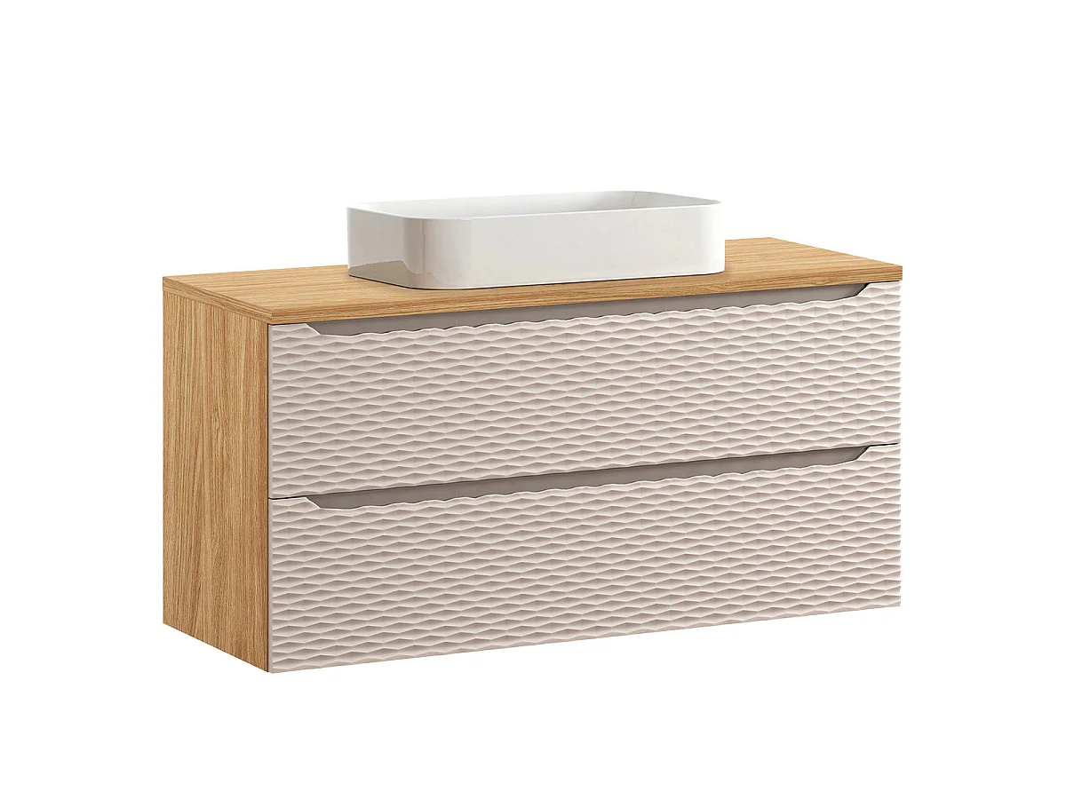 Set aus Einzelwaschtisch 120cm 2 Schubladen und Säule Elora Beige und Holz