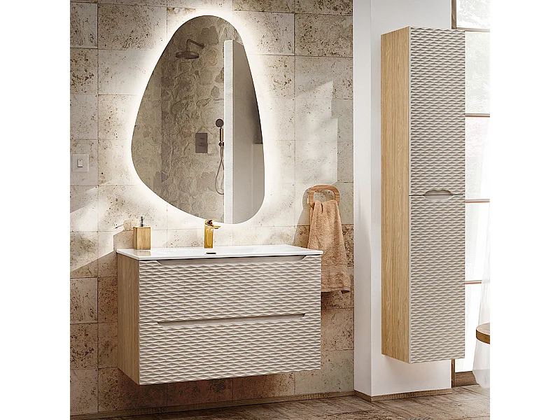 Conjunto de muebles con lavabo individual encastrado 90cm y columna Elora Beige y madera