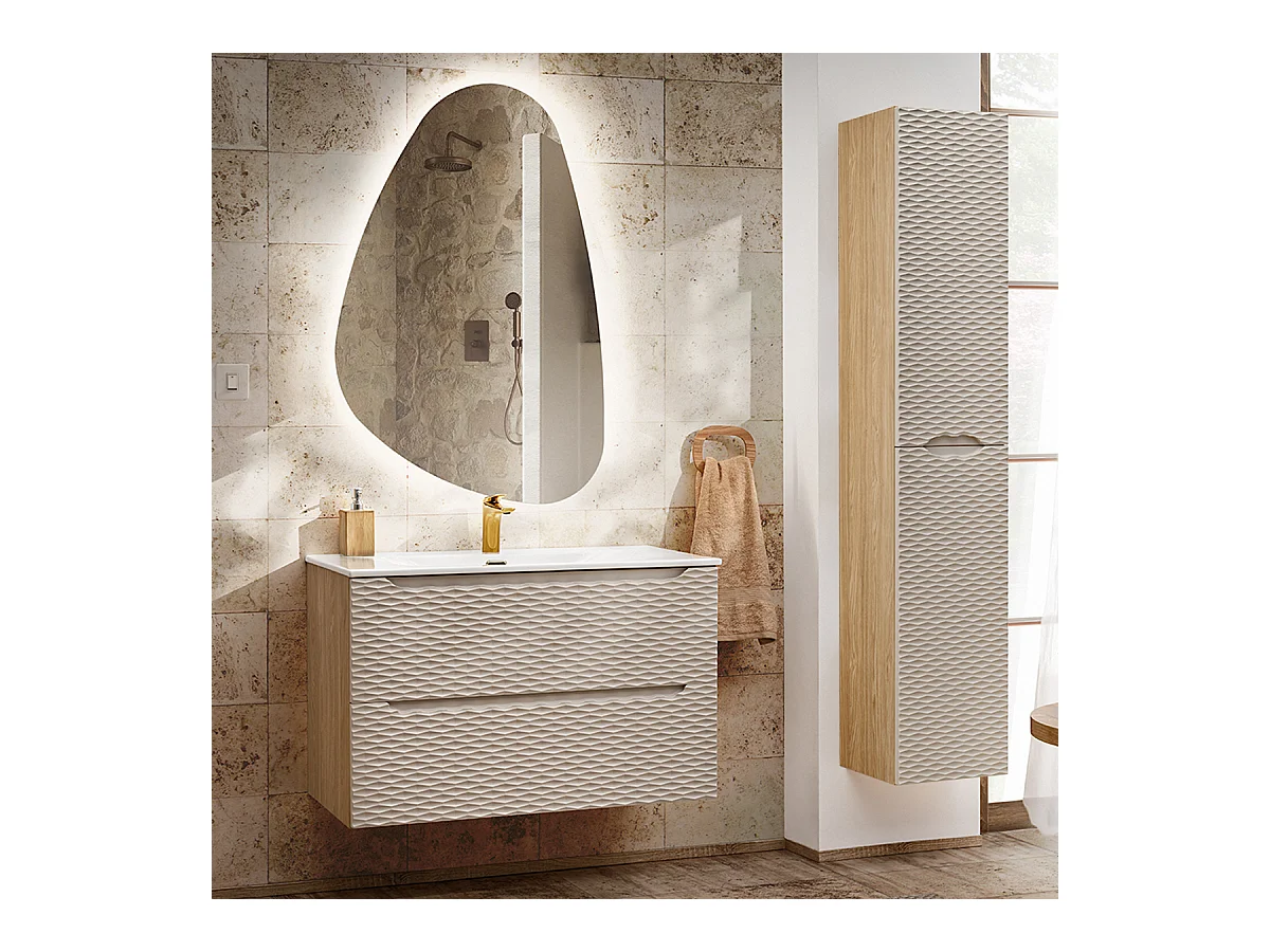 Ensemble meuble simple vasque encastrée 90cm et colonne Elora Beige et bois