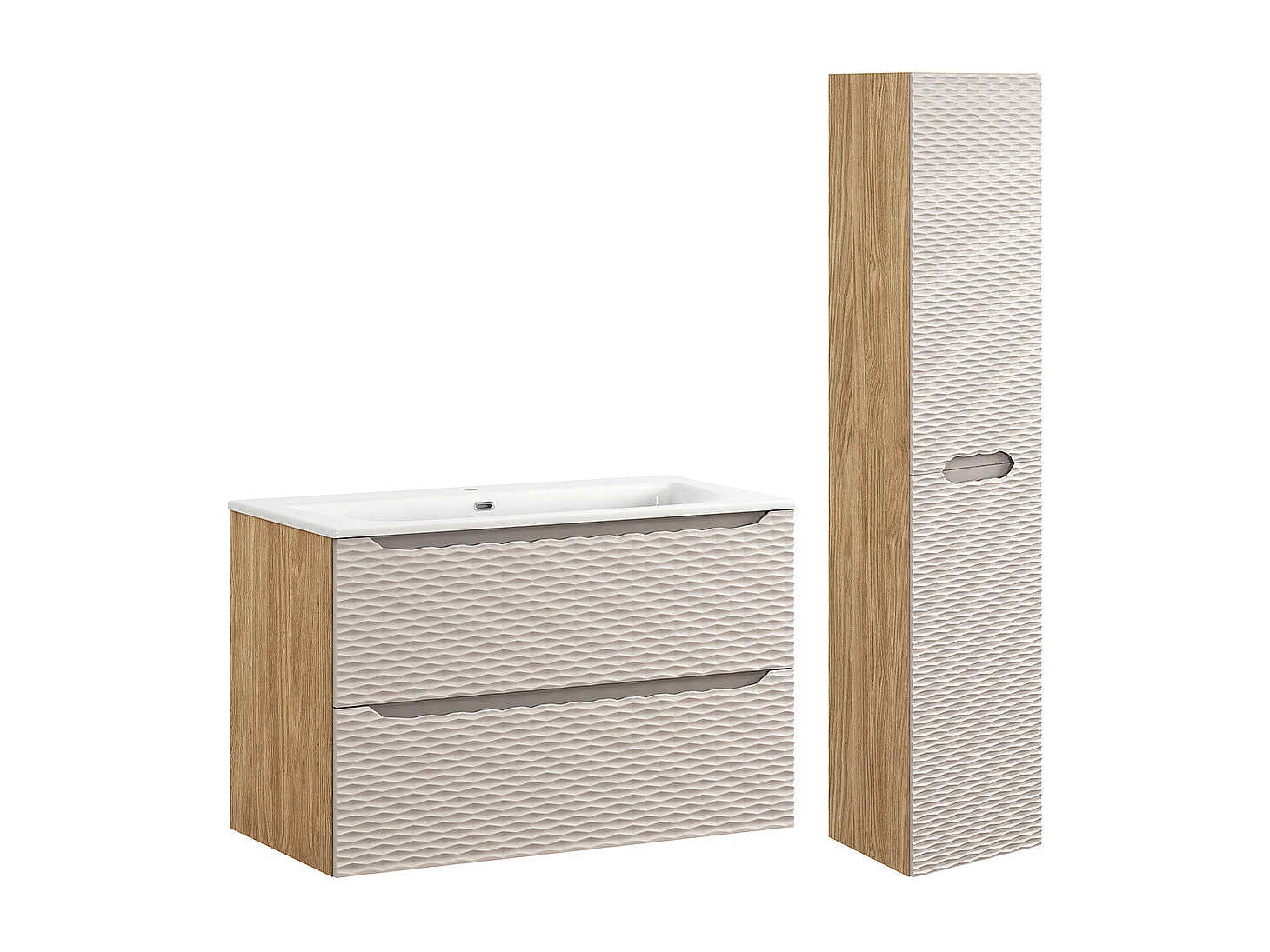 Conjunto de muebles con lavabo individual encastrado 90cm y columna Elora Beige y madera