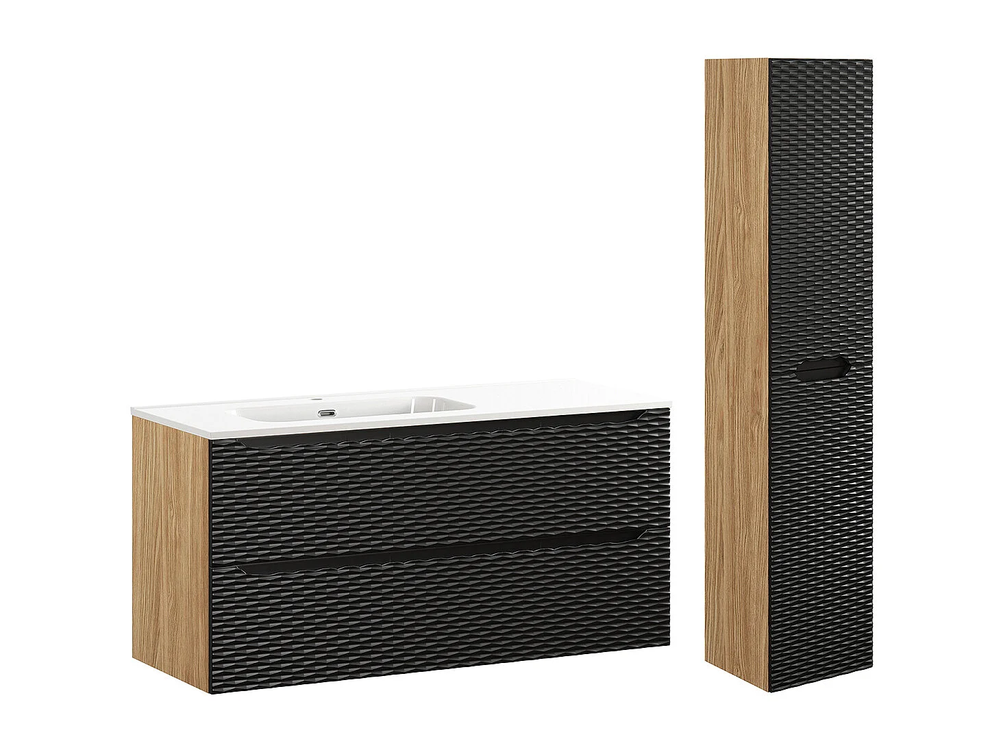 Set med 120 cm enkel tvättställsskåp med 2 lådor och Elora piedestal i svart och trä