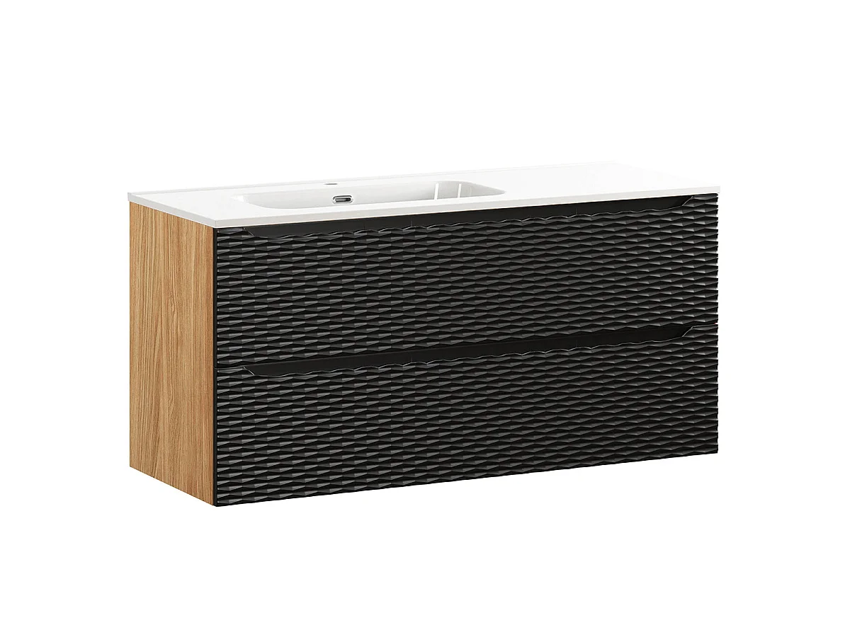 Ensemble meuble simple vasque encastrée gauche 120cm 2 tiroirs et colonne Elora Noir et bois