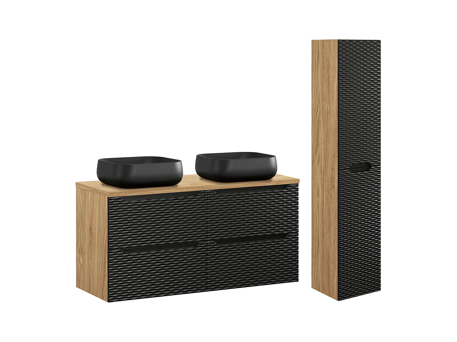 Ensemble meuble double vasque 120cm 4 tiroirs et colonne Elora Noir et bois