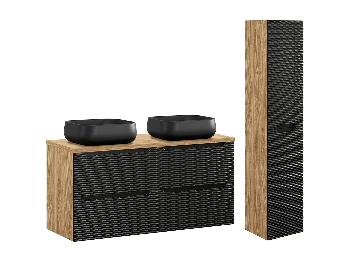 Conjunto de muebles con doble lavabo 120cm 4 cajones y columna Elora Negro y madera