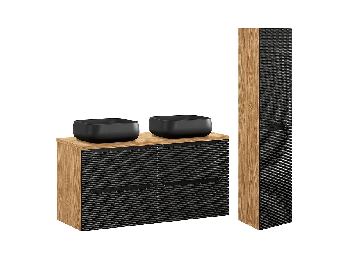 Ensemble meuble double vasque 120cm 4 tiroirs et colonne Elora Noir et bois