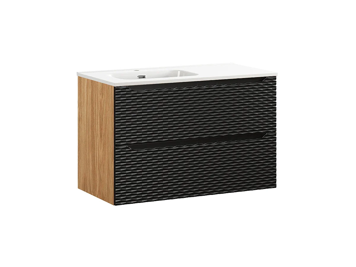 Ensemble meuble simple vasque encastrée gauche 90cm et colonne Elora Noir et bois