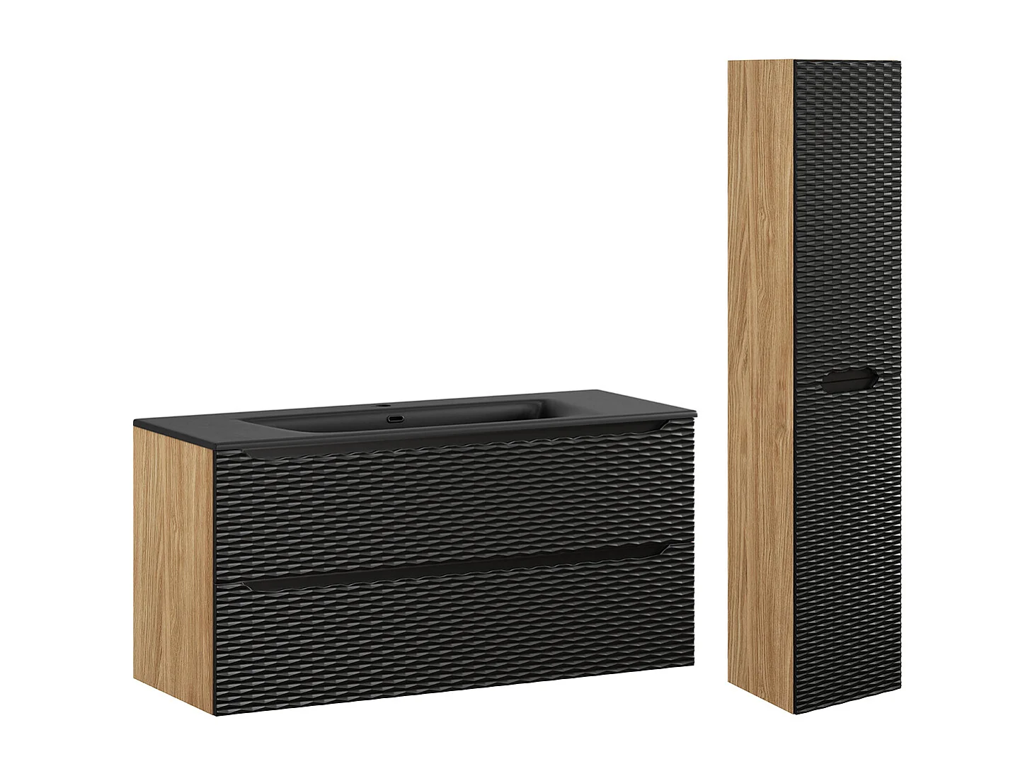 Ensemble meuble simple vasque encastrée 120cm 2 tiroirs et colonne Elora Noir et bois