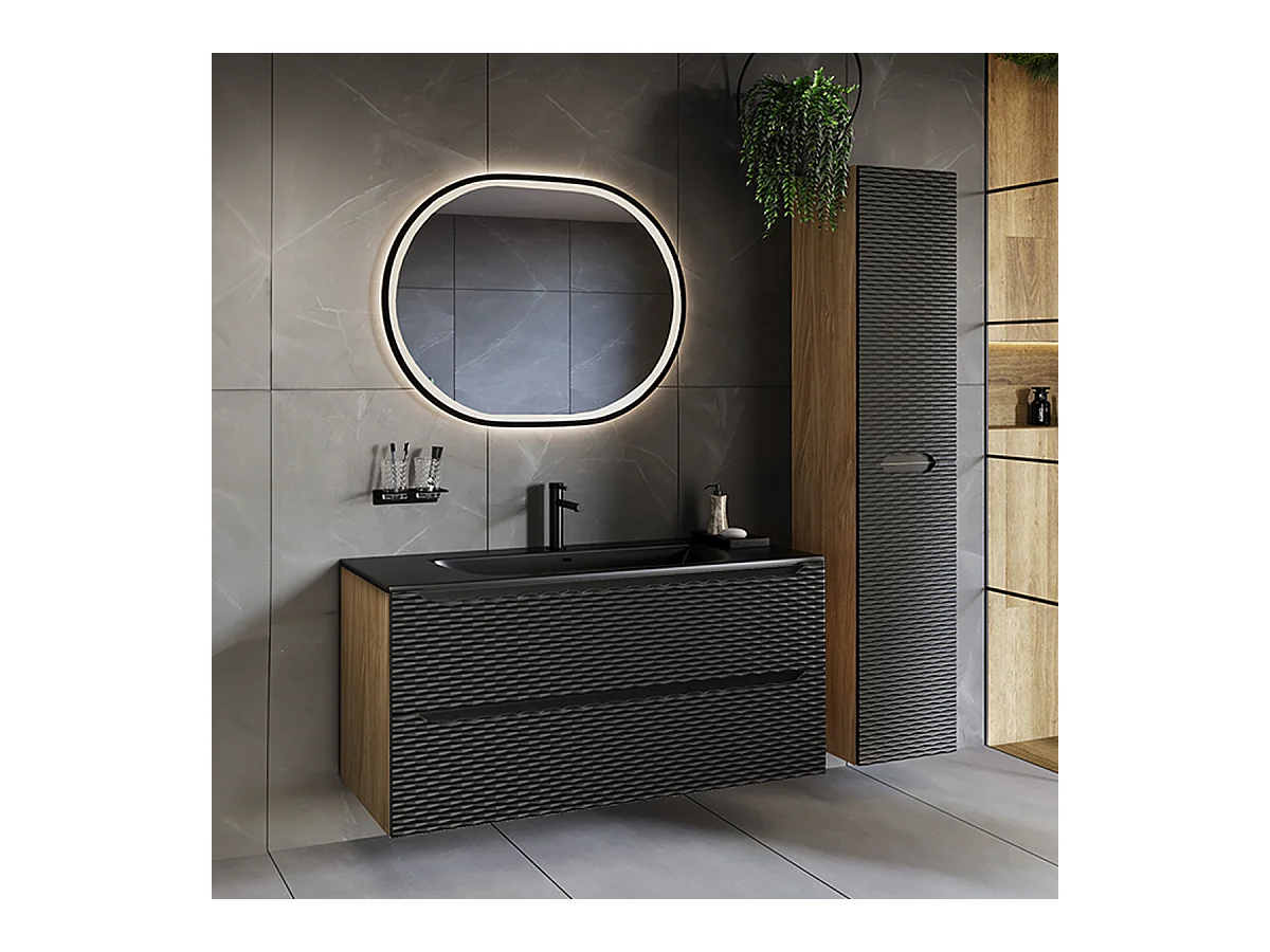 Ensemble meuble simple vasque encastrée 120cm 2 tiroirs et colonne Elora Noir et bois