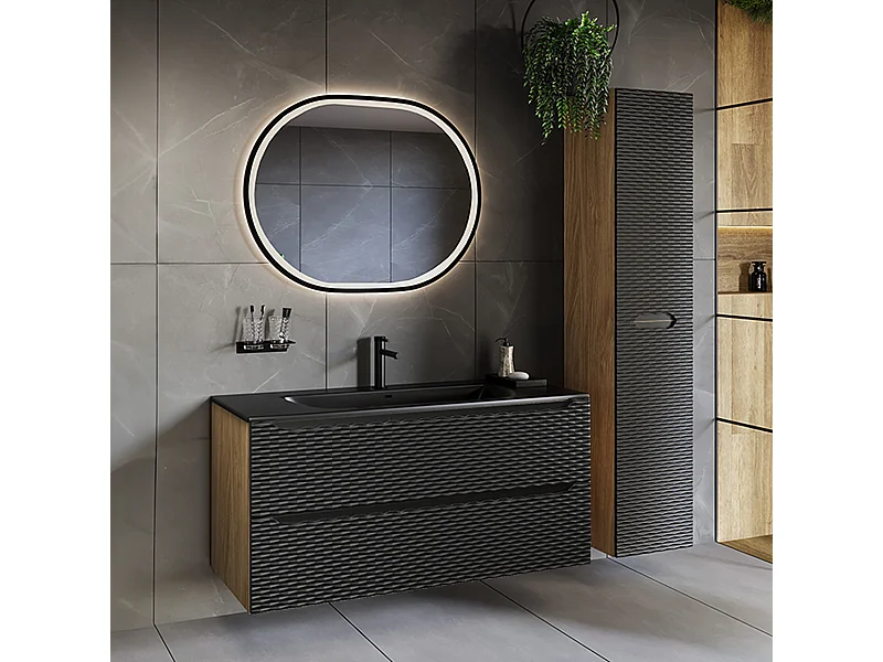 Conjunto de muebles de lavabo individual encastrado 120cm 2 cajones y columna Elora Negro y madera