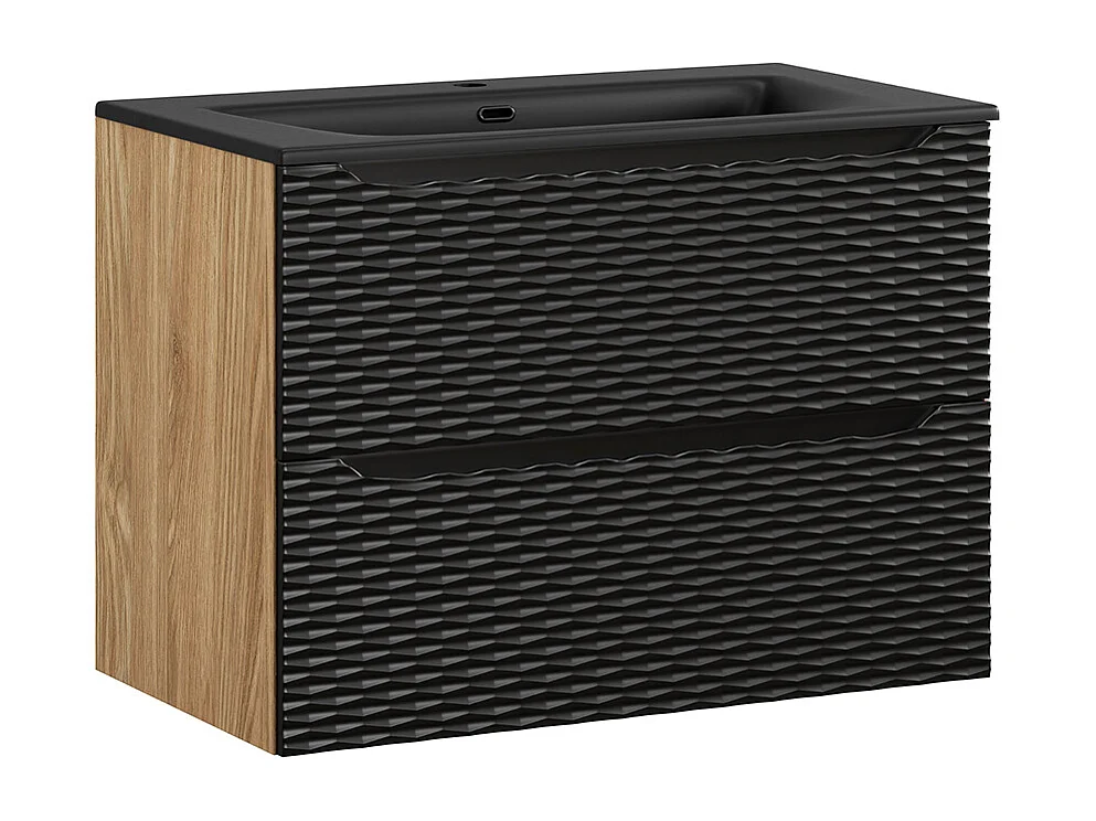 Conjunto de muebles con lavabo individual encastrado 80cm y columna Elora Negro y madera